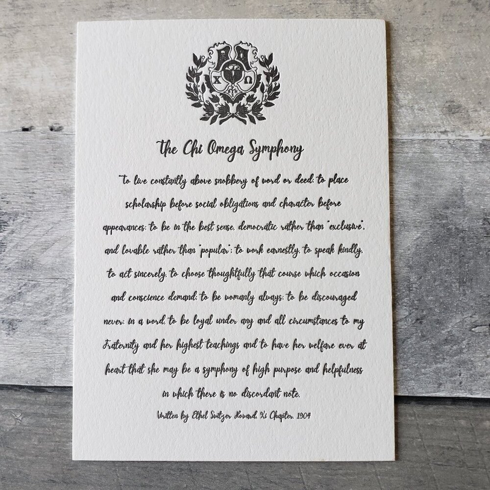 Letter Press Chi Omega Symphony on heavy cards stock